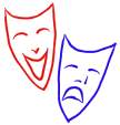 A red comedy mask and a blue tragedy mask